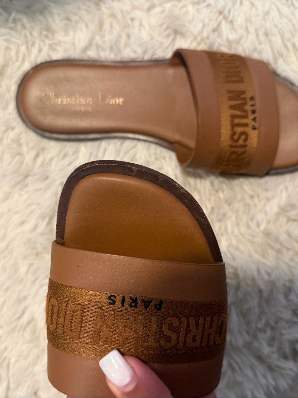 Dior Tan Leather and Fabric Logo Slide Sandals - Picture 2 of 6